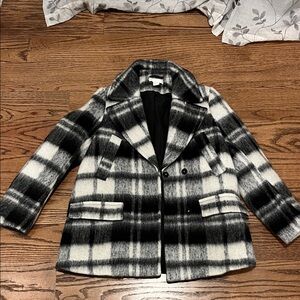 H&M Black and White Plaid WOOL Blend Peacoat